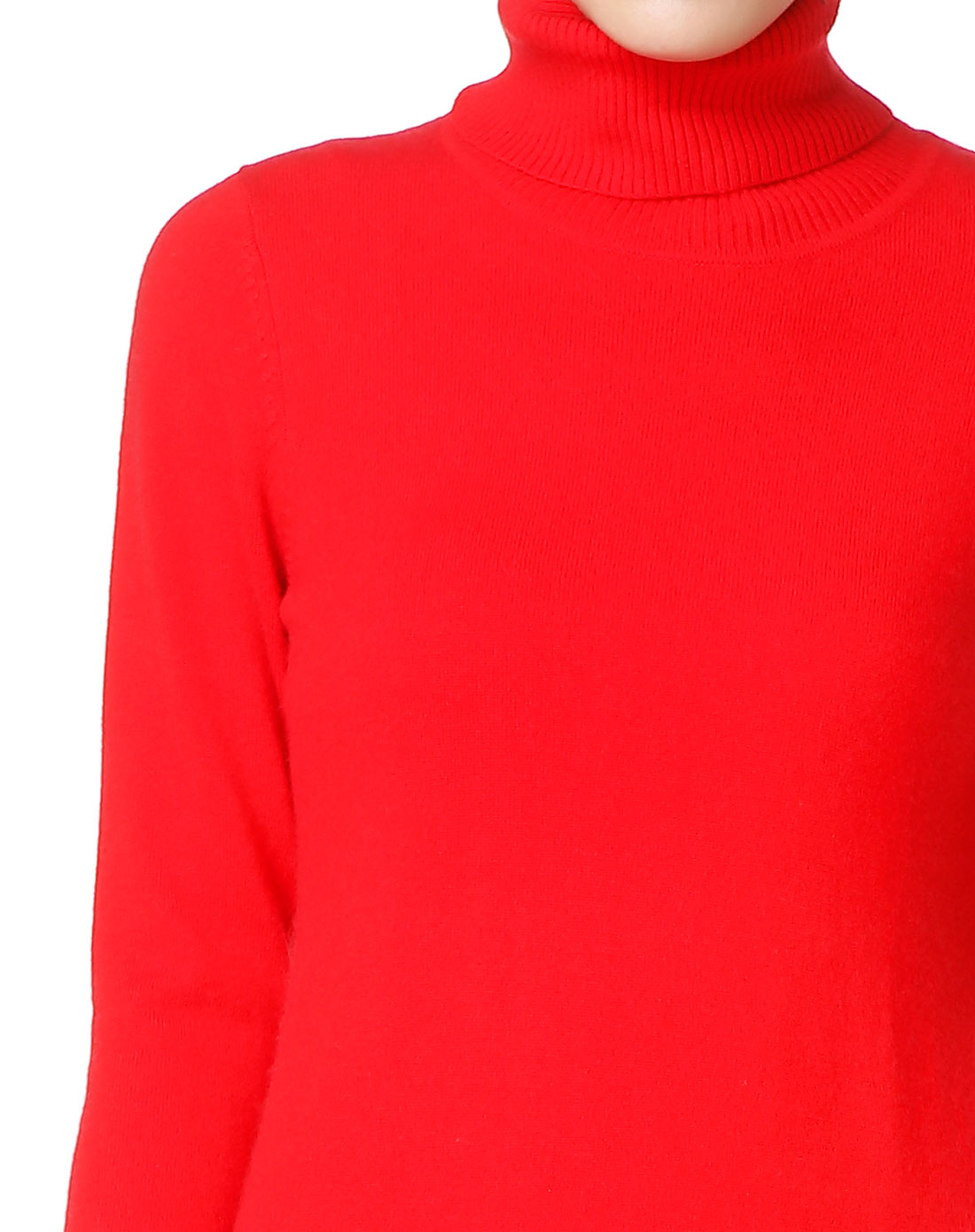 女款艳红色高领简洁大方长袖100%羊绒衫