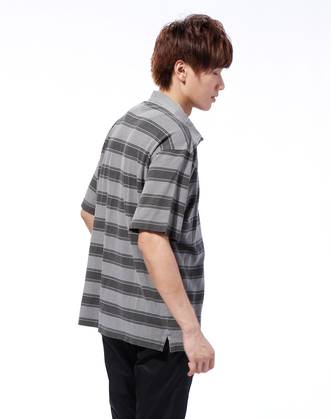 男款 浅灰色翻领条纹时尚短t