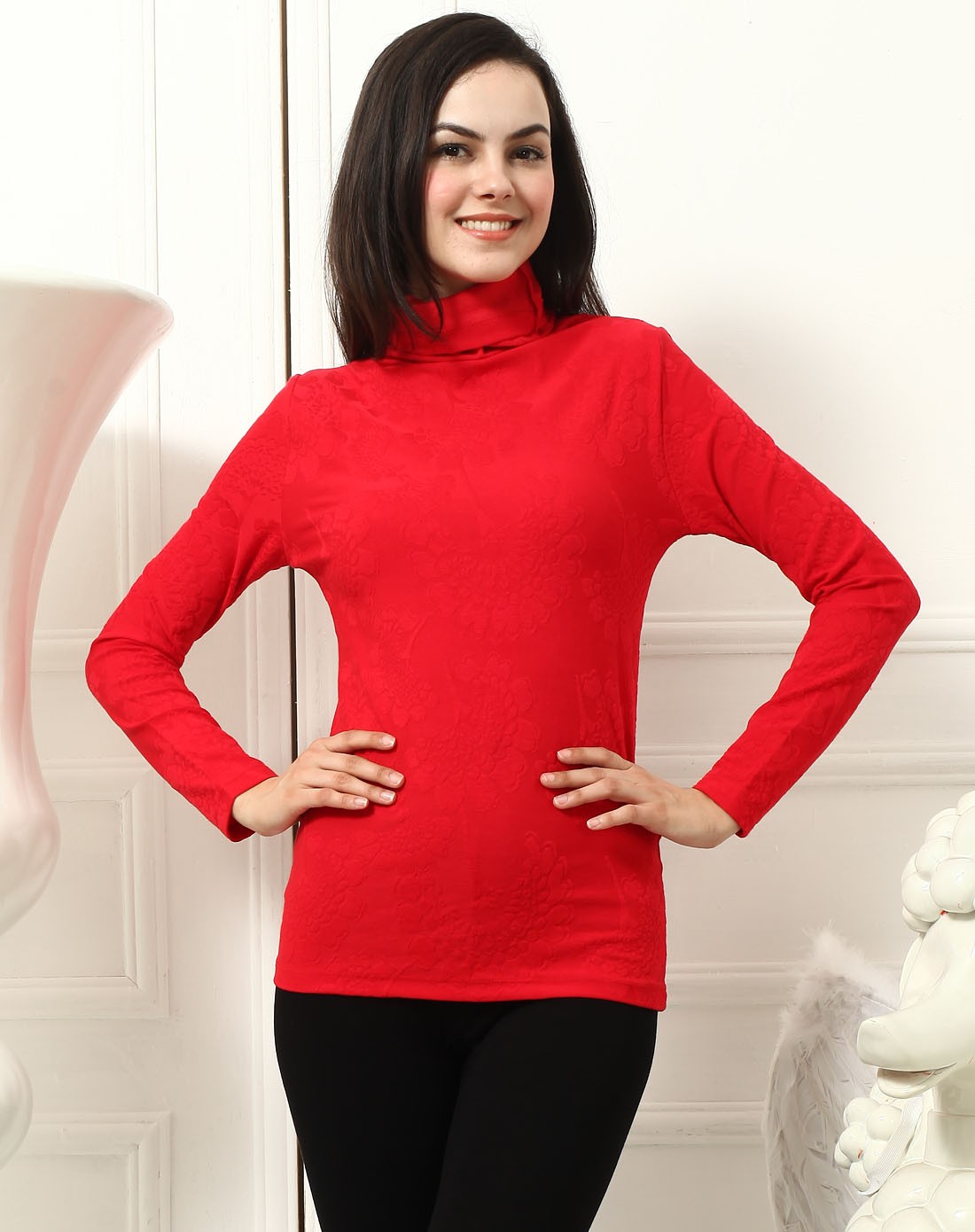 浪莎女士红色莫代尔莱卡高领打底衫