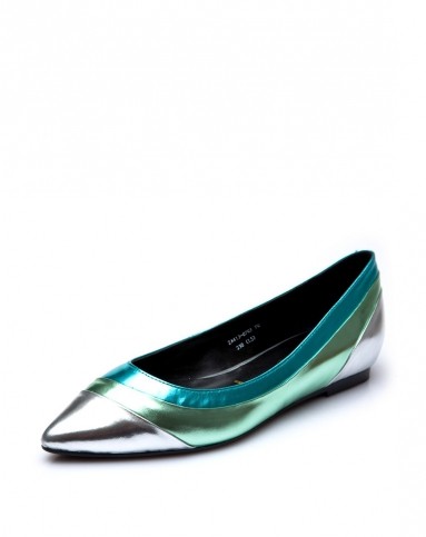 女款水银色金属贴膜牛皮平跟浅口单鞋