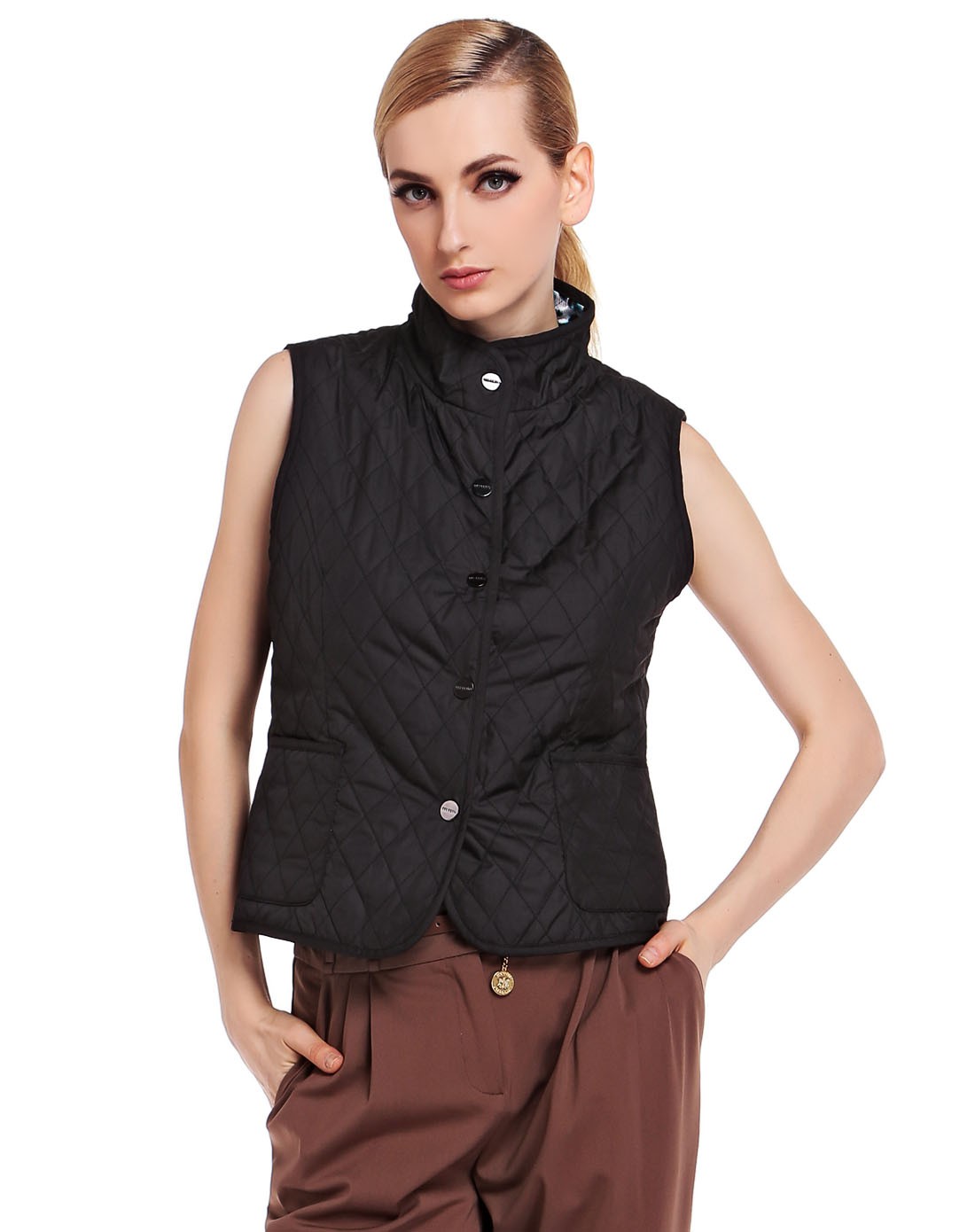 黑色小立领直插袋棉马甲-唯品会