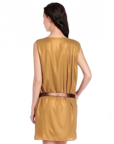 土黄金色成熟经典无袖连衣裙-唯品会