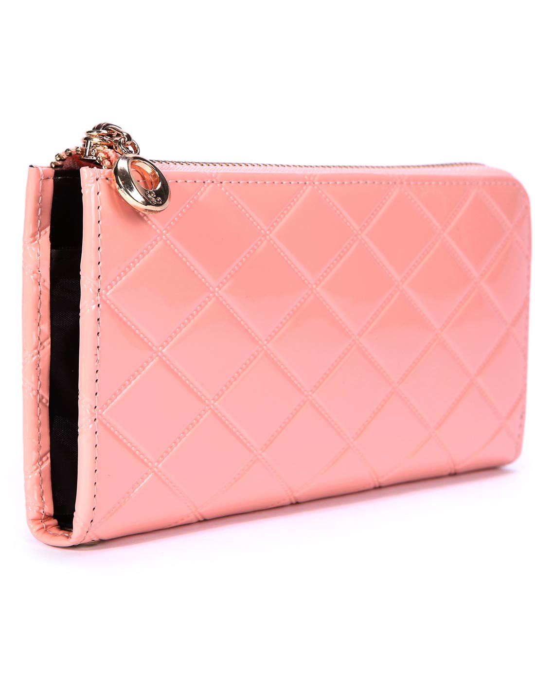 女士粉色牛皮时尚菱格l长钱包手拿包