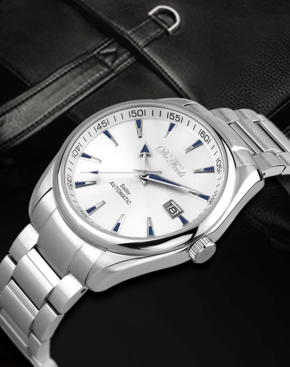 de feels 男款sailor蓝宝石表镜白盘钢带透底机械表