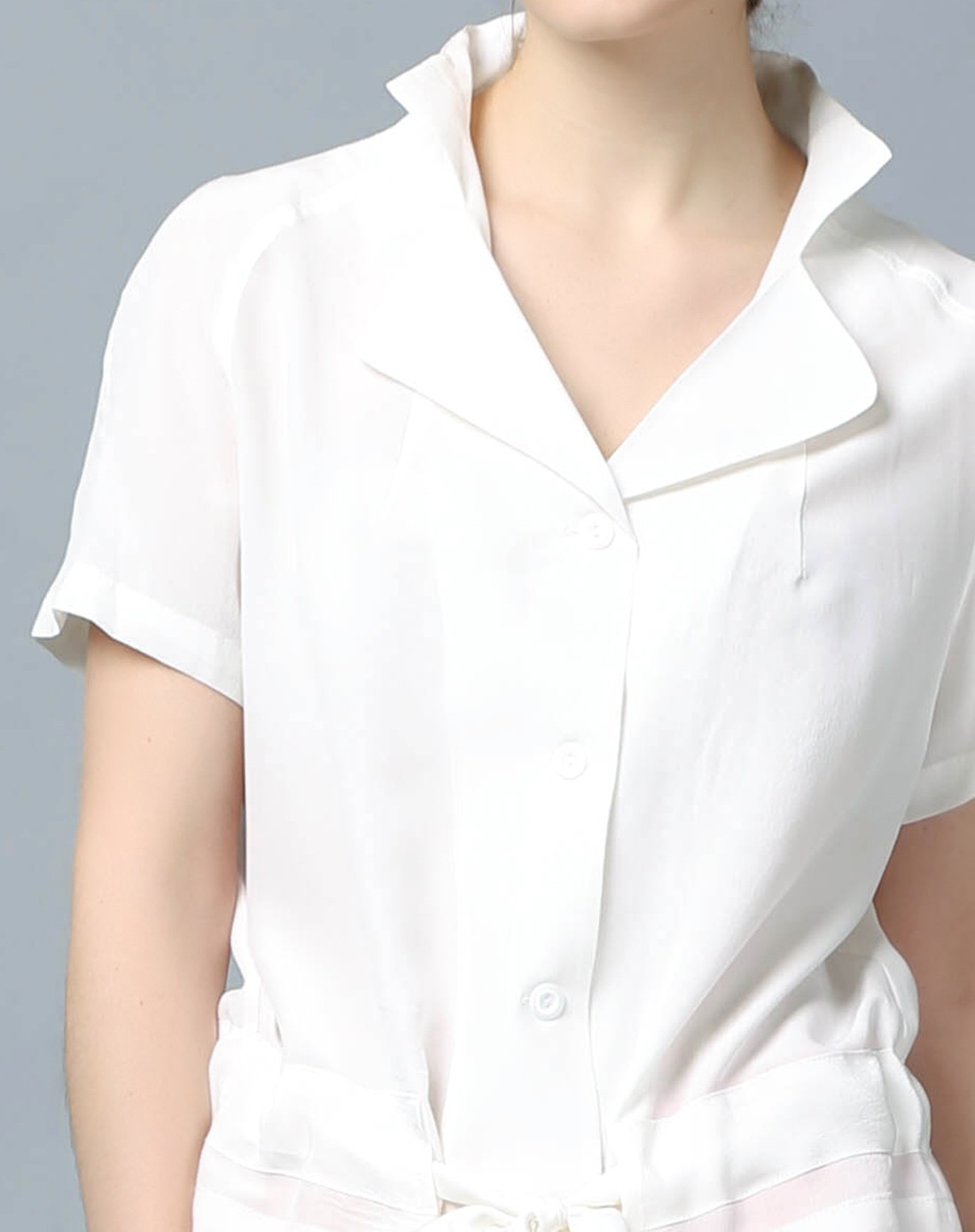 欧式落肩袖纯白真丝上衣