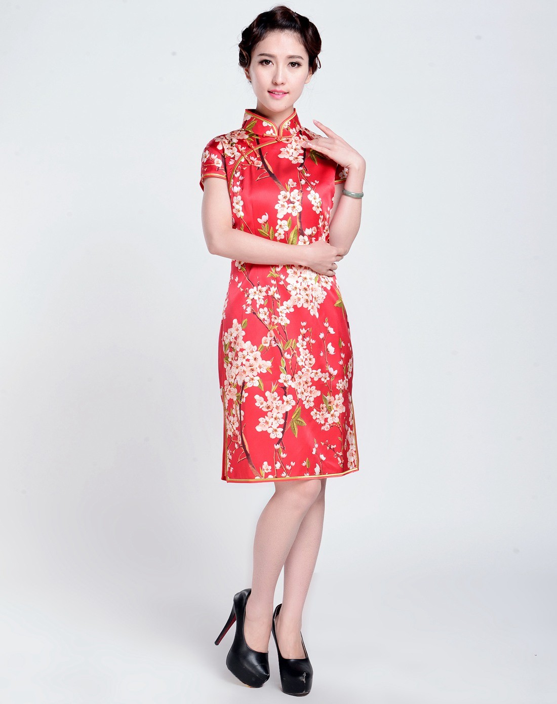 女款大红色印花真丝旗袍