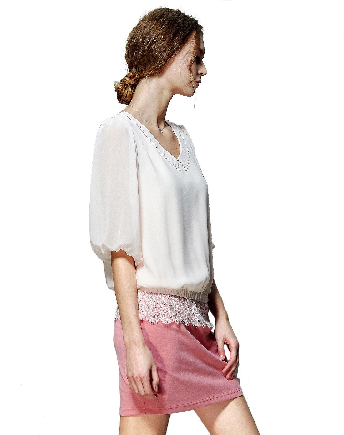 女装肉桂色七分袖针梭织连衣裙