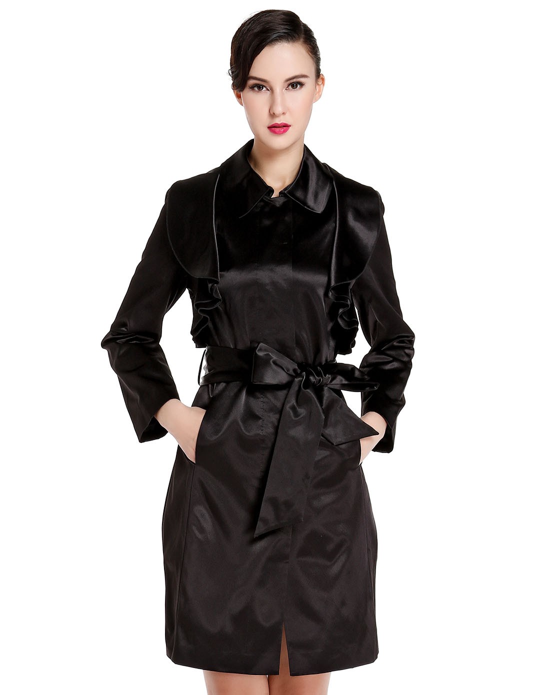 炭黑色优雅大方长袖长款风衣