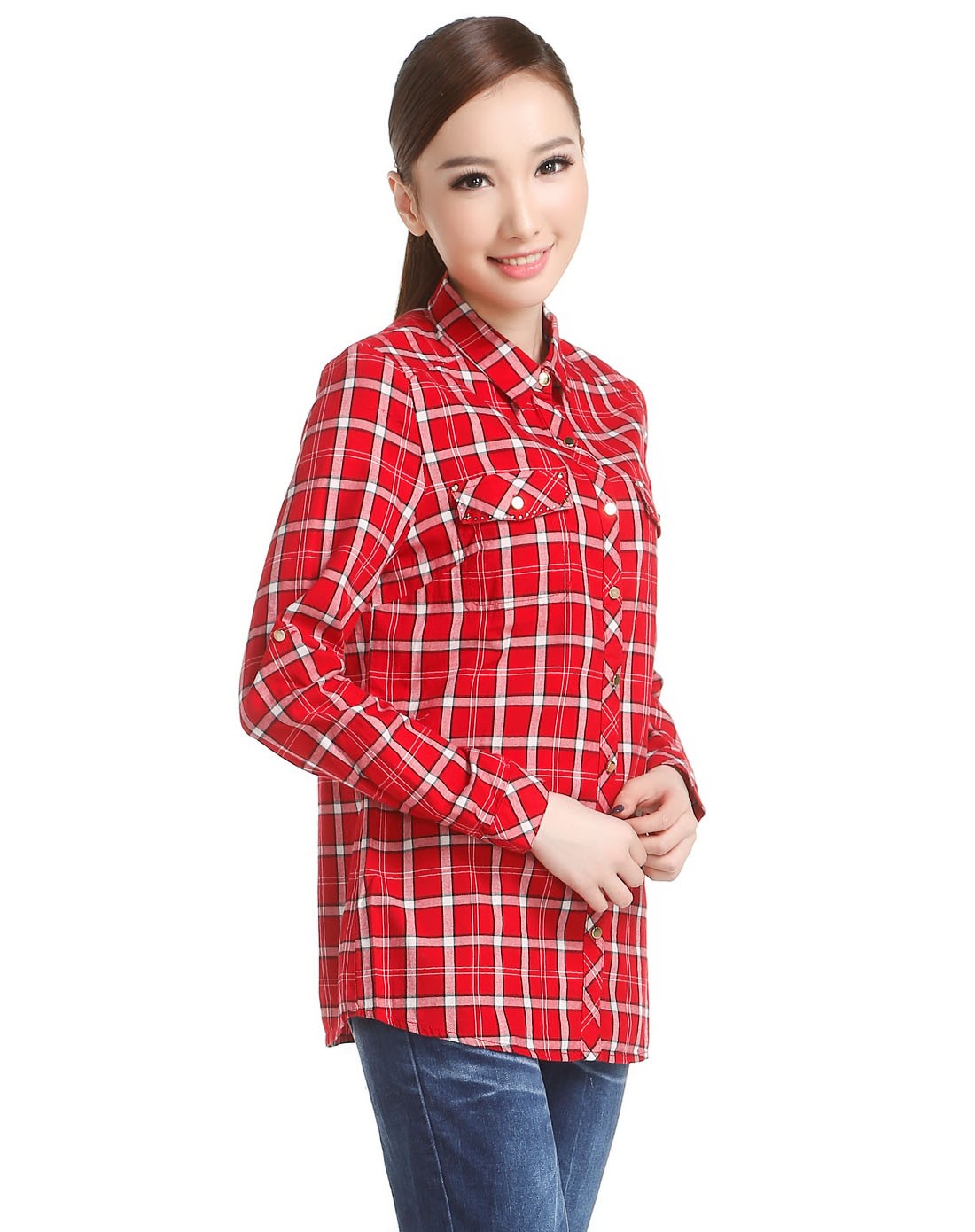 红色时尚格子长袖衬衫