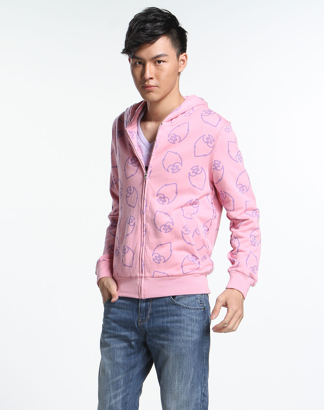 男款粉色时尚印花连帽长袖卫衣