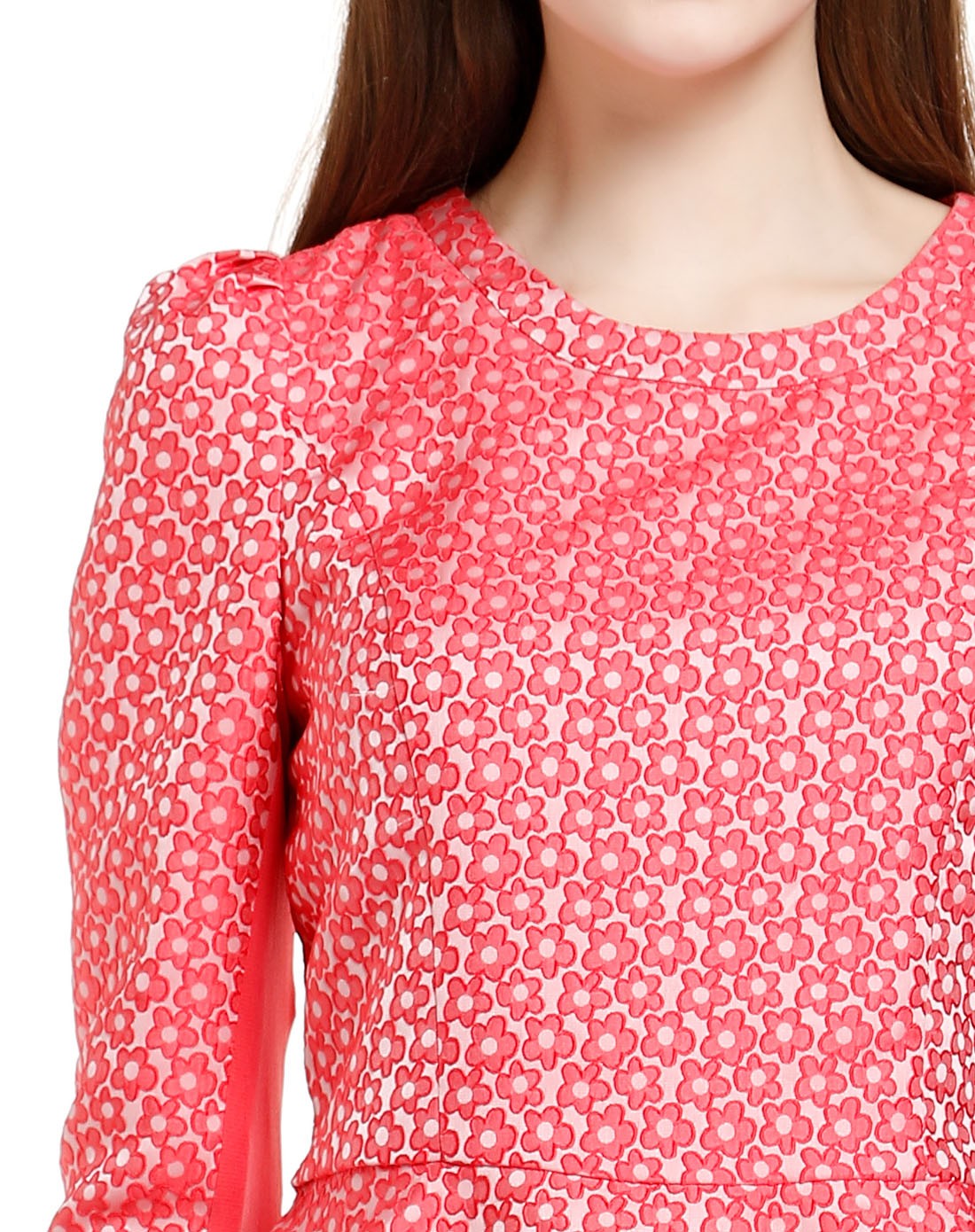 洋红色俏丽修身碎花长袖上衣