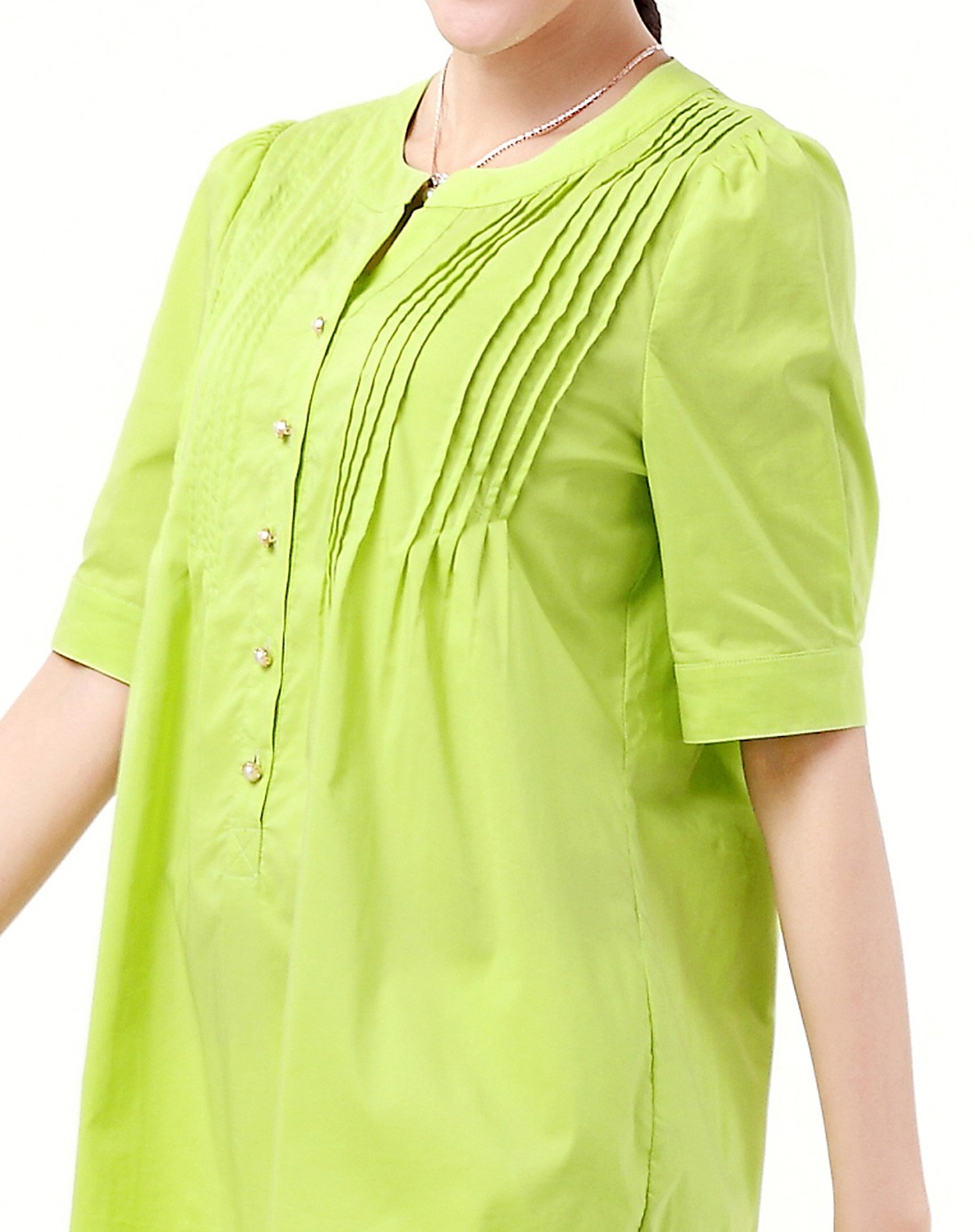 果绿色百褶装饰半开襟短袖上衣