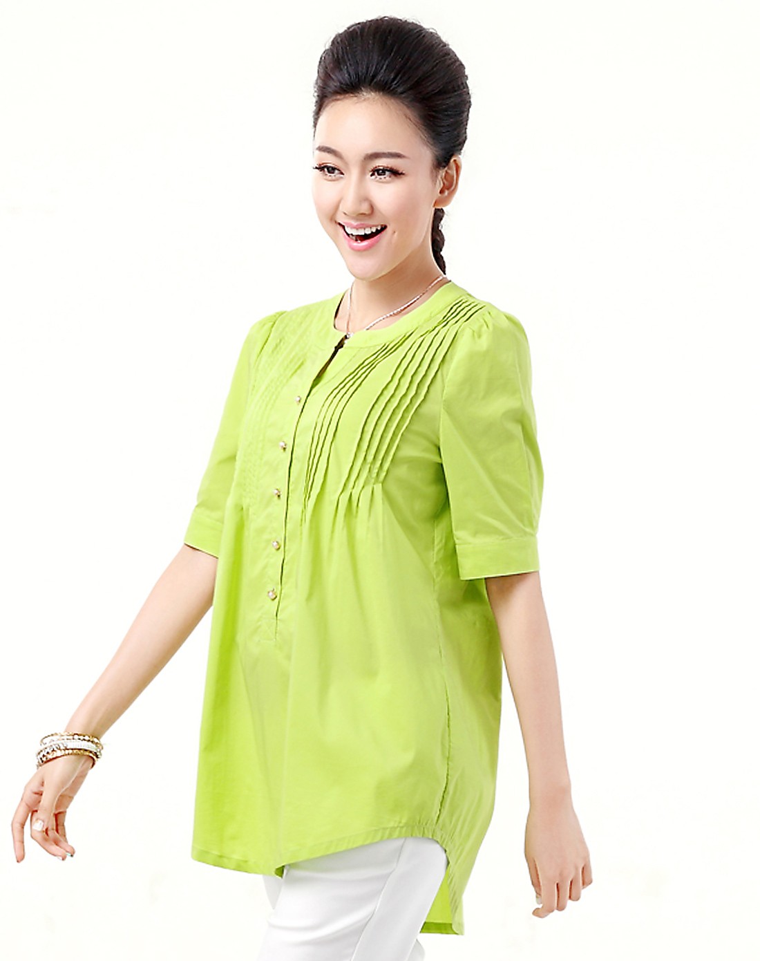 果绿色百褶装饰半开襟短袖上衣