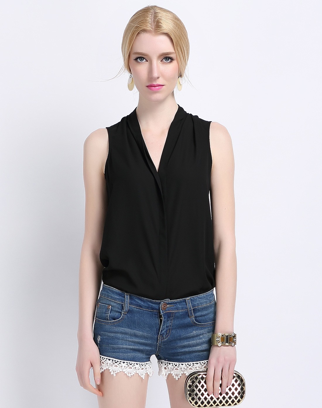 女款黑色无袖雪纺假开衫