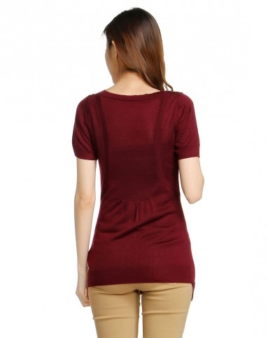 深红色修身简洁开襟短袖中长款针织衫