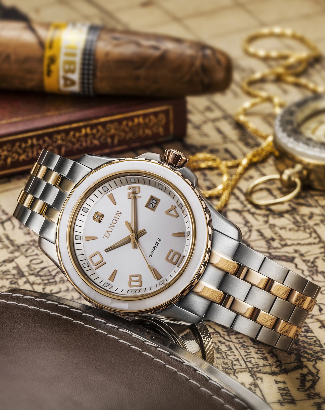 瑞士tangin 时尚男士间金腕表