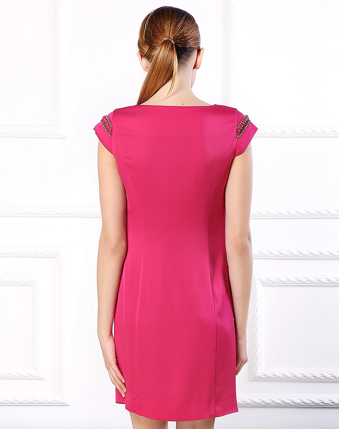 女款浅玫红色荷叶边真丝连衣裙