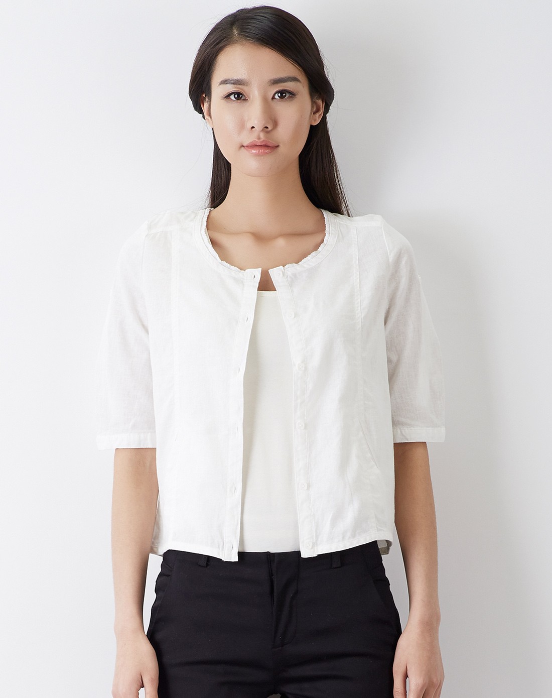 棉麻圆领中袖衬衫