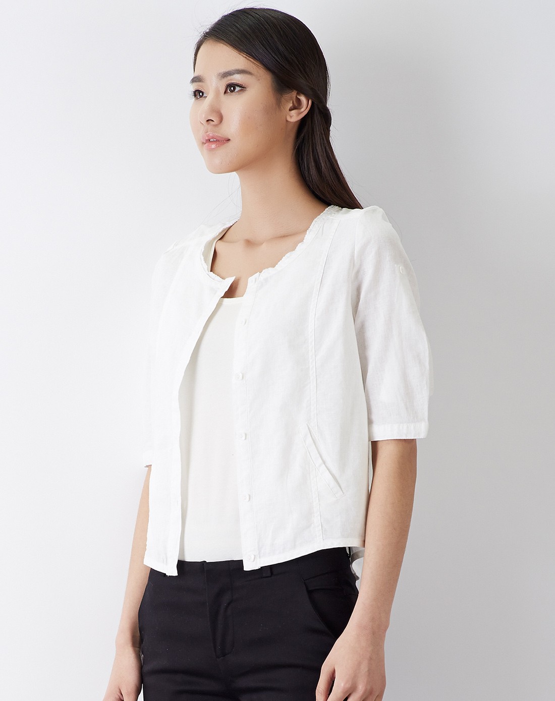 棉麻圆领中袖衬衫