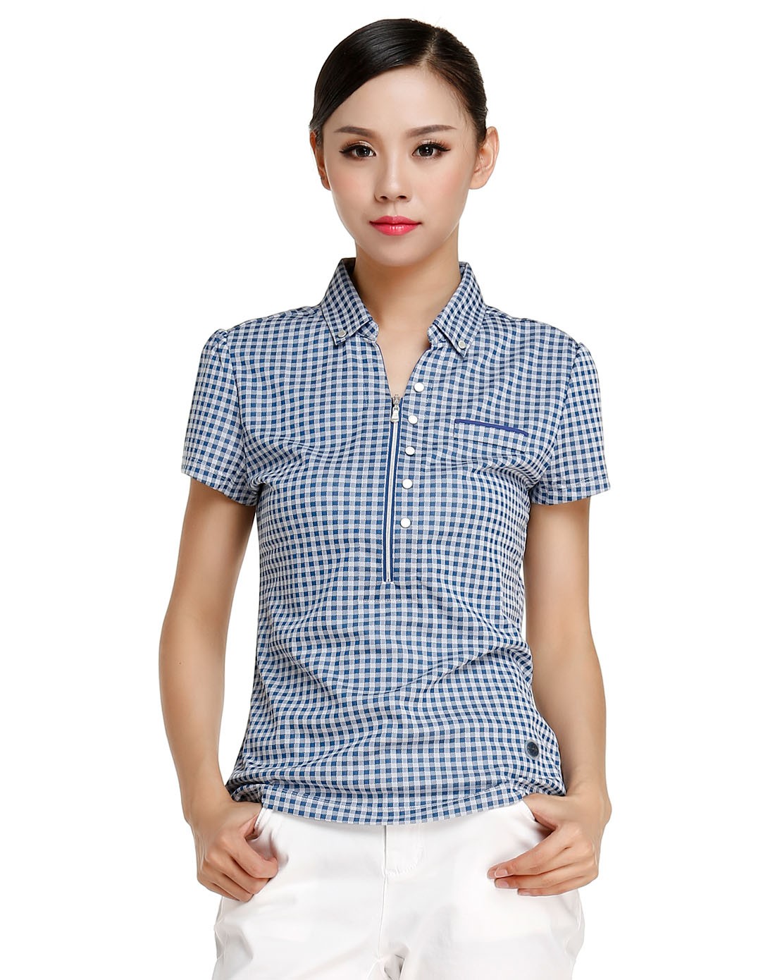 休闲时尚 女款蓝色短袖t恤 经典格子