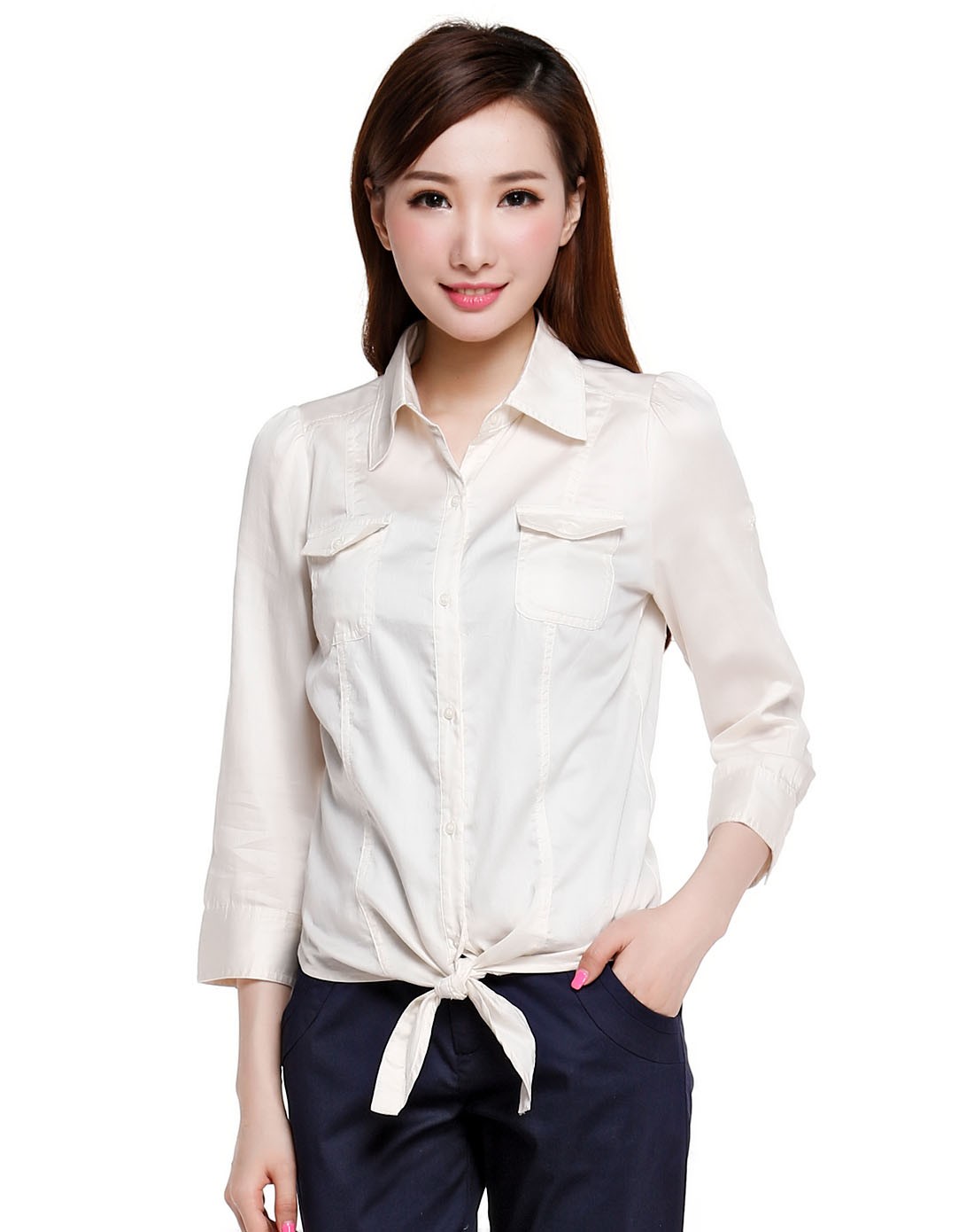 米白色文艺休闲七分袖衬衫