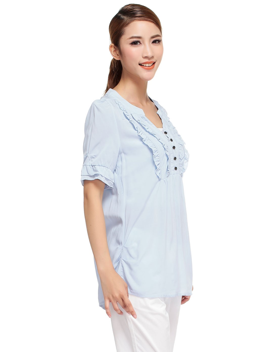 浅蓝色斯文简约半开襟短袖上衣