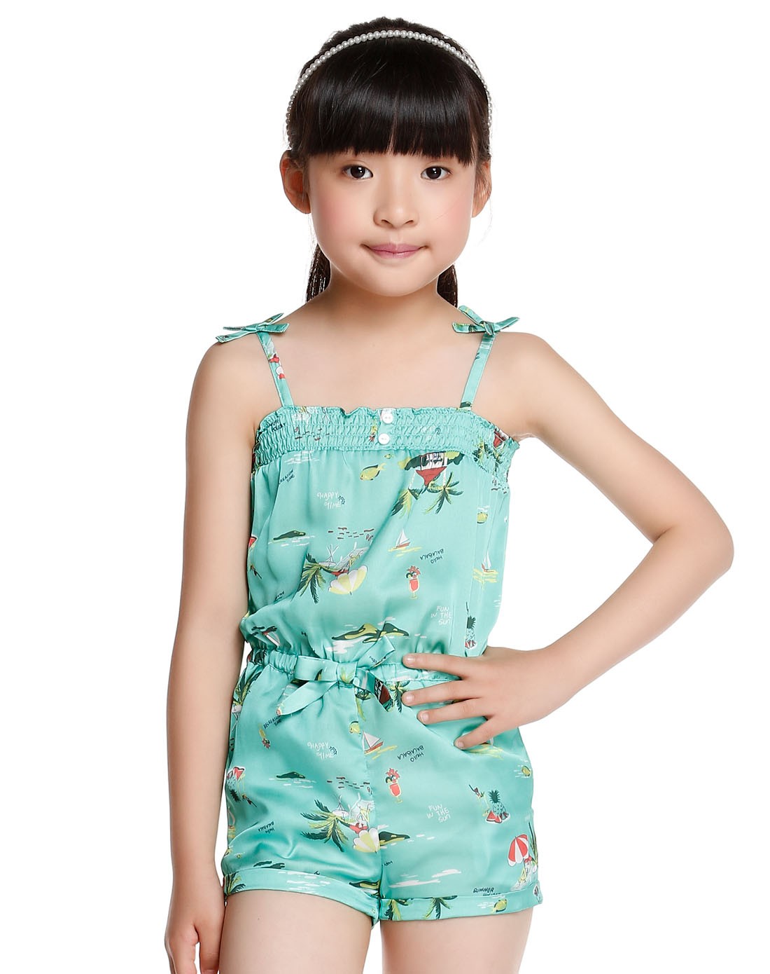 女童绿白色满印图吊带连身短裤