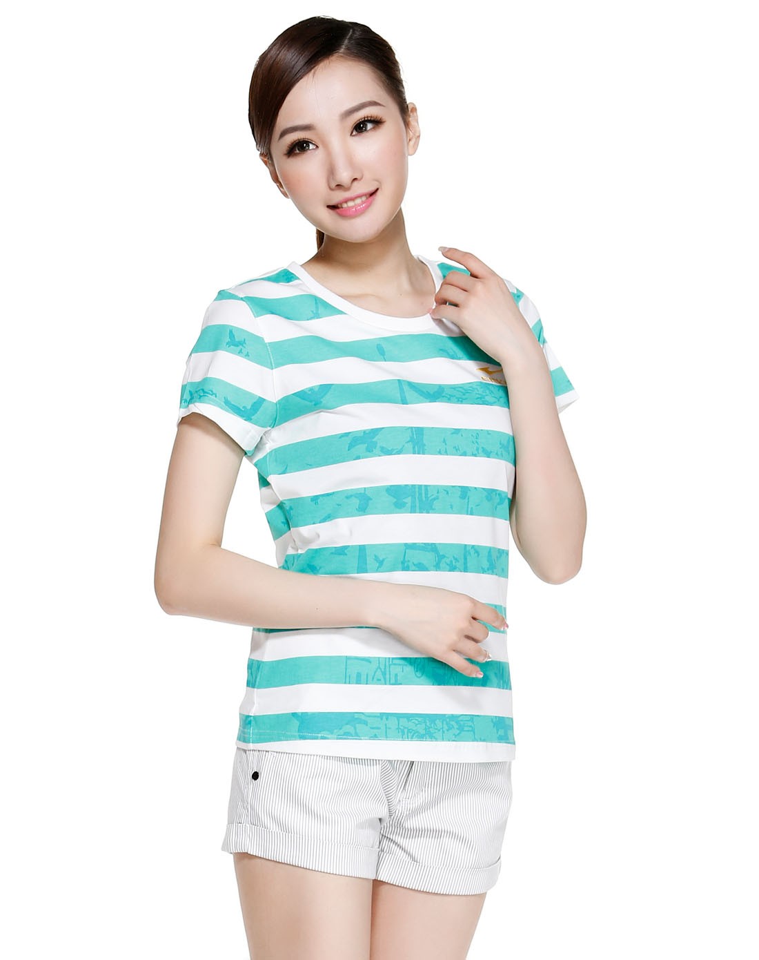 纯棉 女款海洋绿配白色短袖t恤 活力横纹