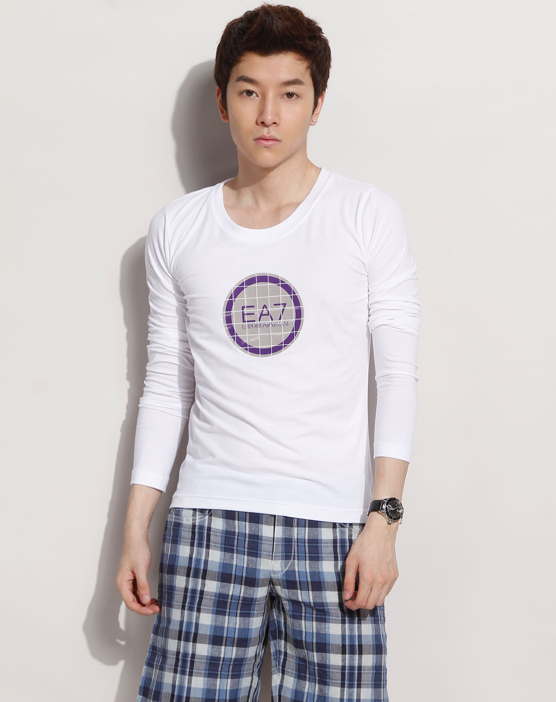 ea男款白色印花圆领长袖t恤