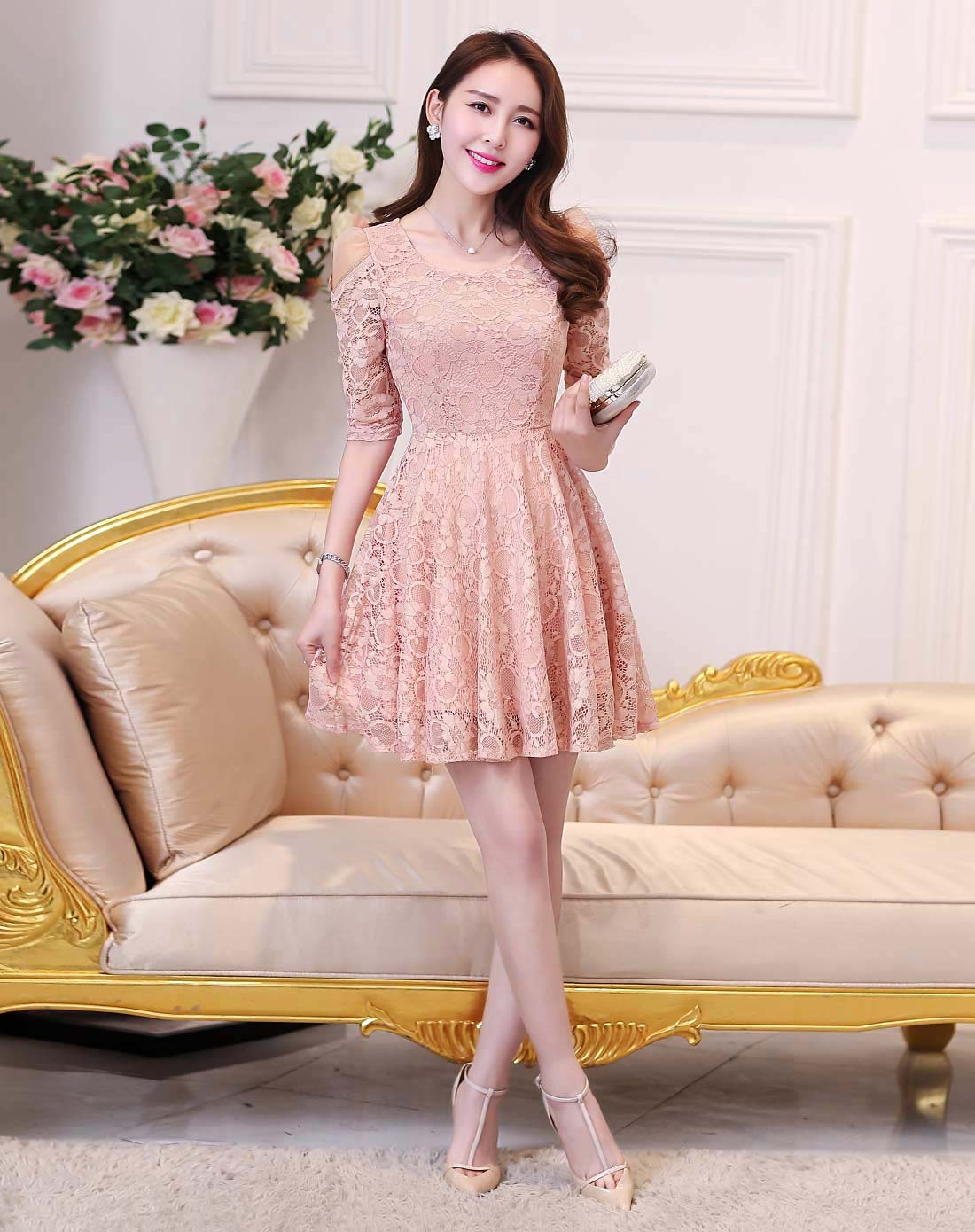 女粉色圆领五分袖蕾丝中长款收腰连衣裙-唯品会