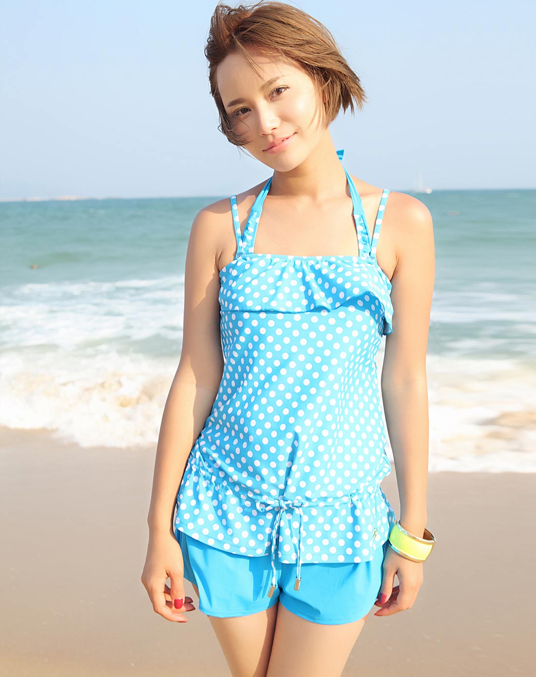 钢托聚拢 女款蓝色比基尼 分体四件套