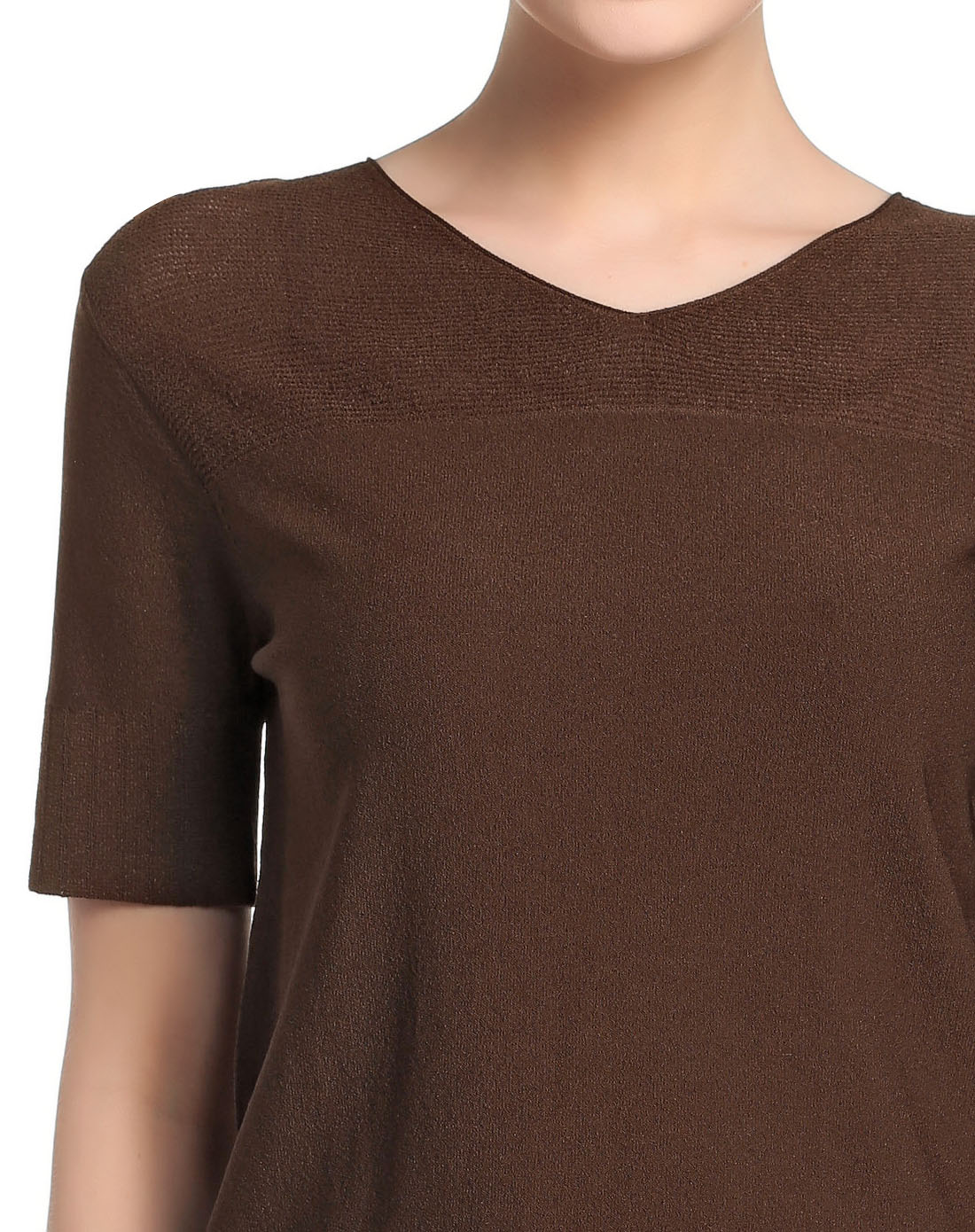 棕啡色简约休闲v领短袖针织衫