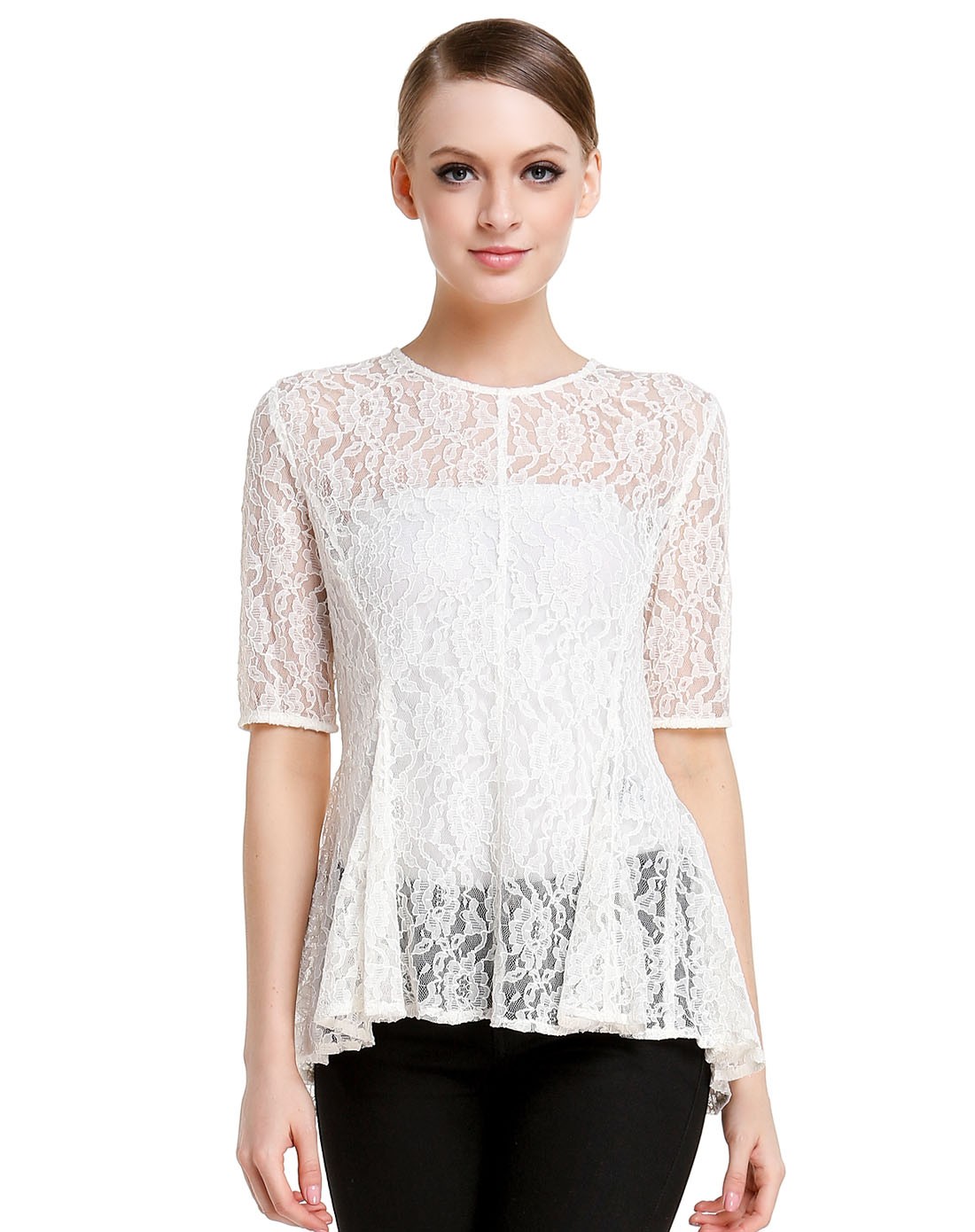 白色蕾丝透视上衣