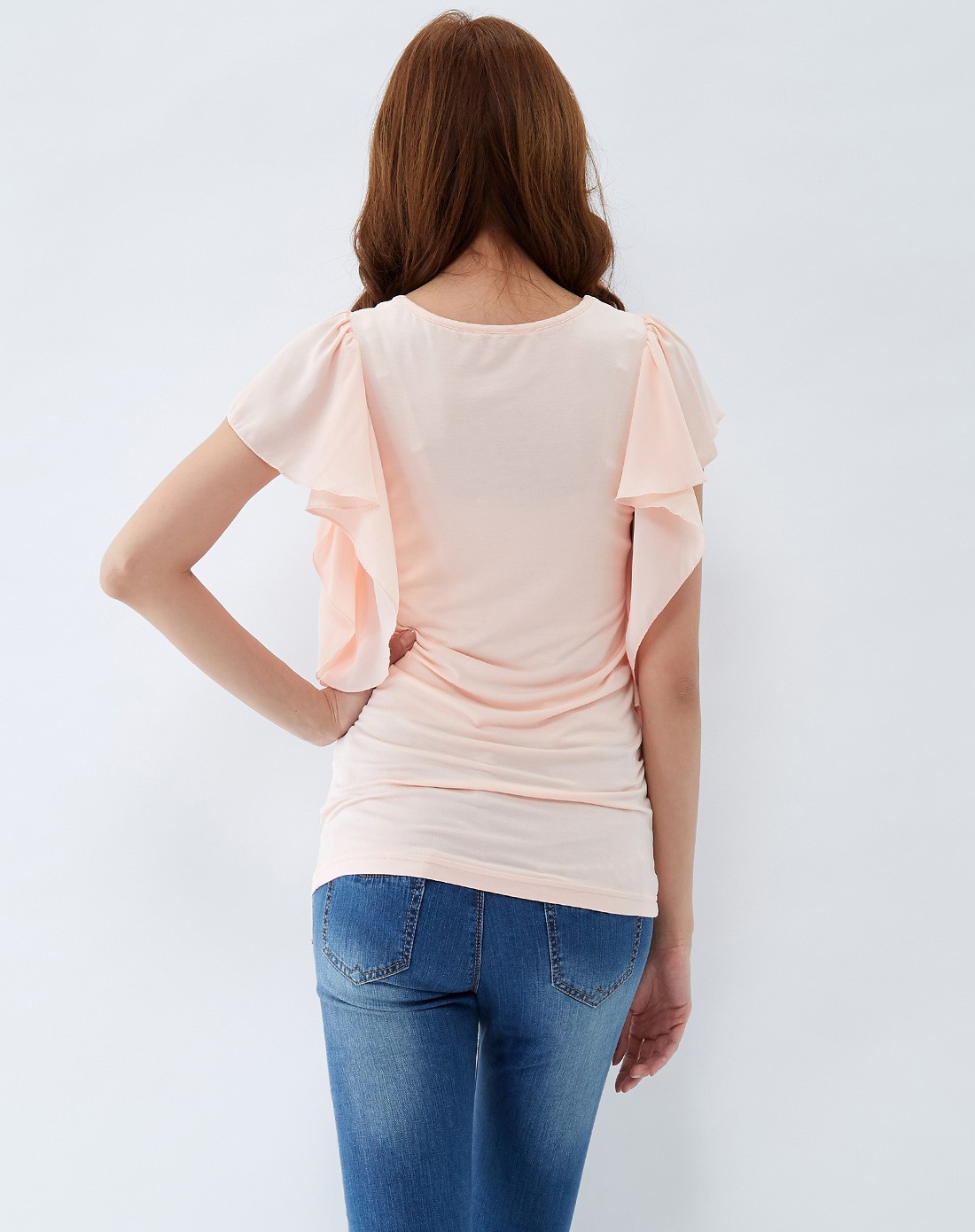 女款蜜粉荷叶袖印花t恤