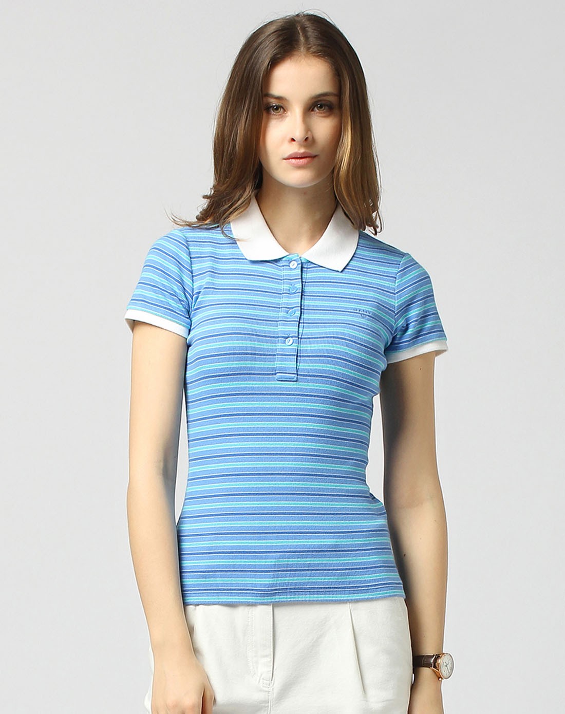 女款蓝色经典条纹短袖polo衫