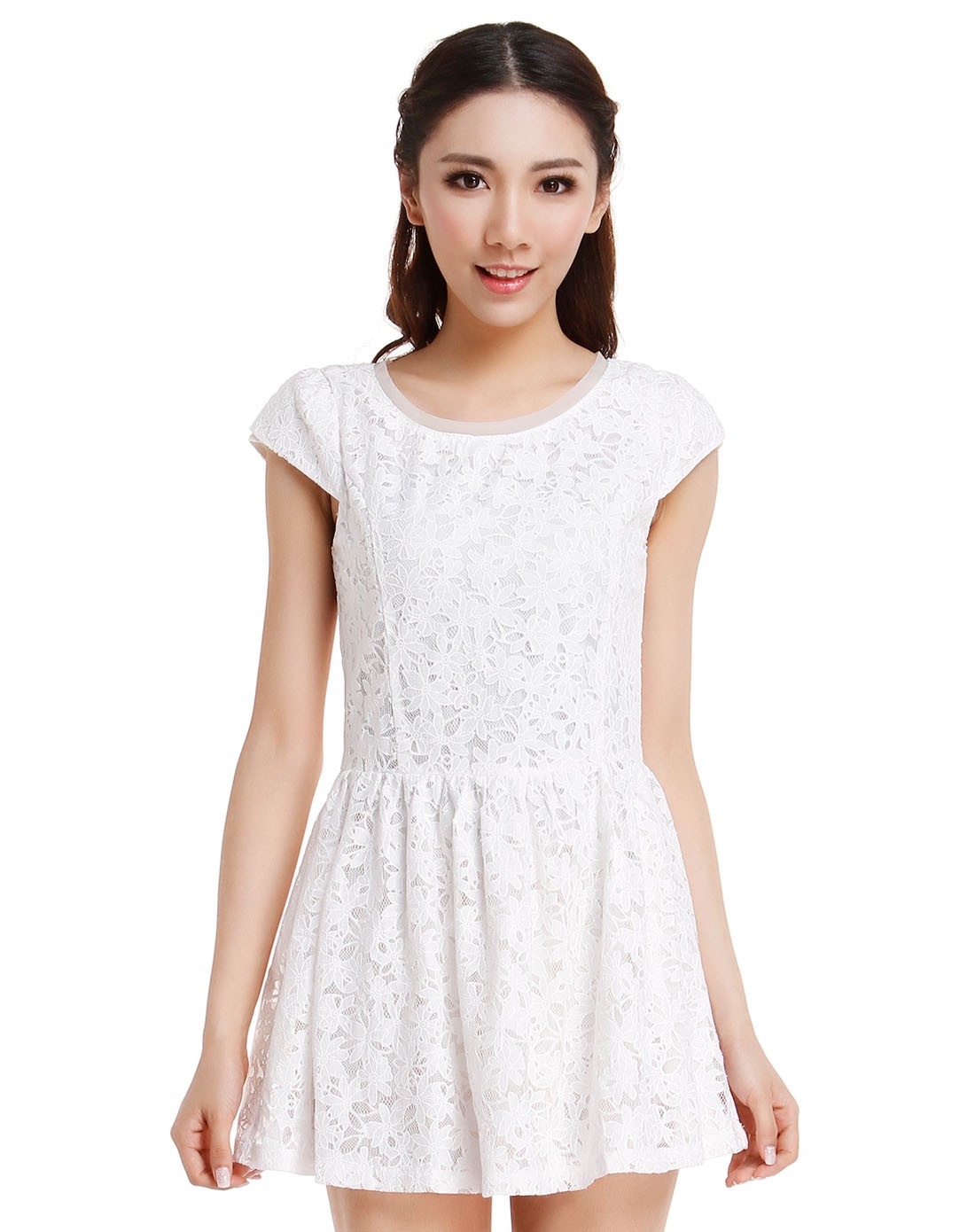 白色斯文蕾丝短袖连衣裙