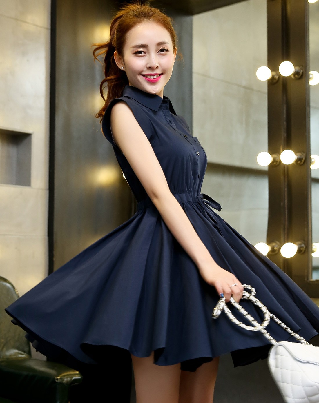 丈青翻领无袖束腰连衣裙-唯品会