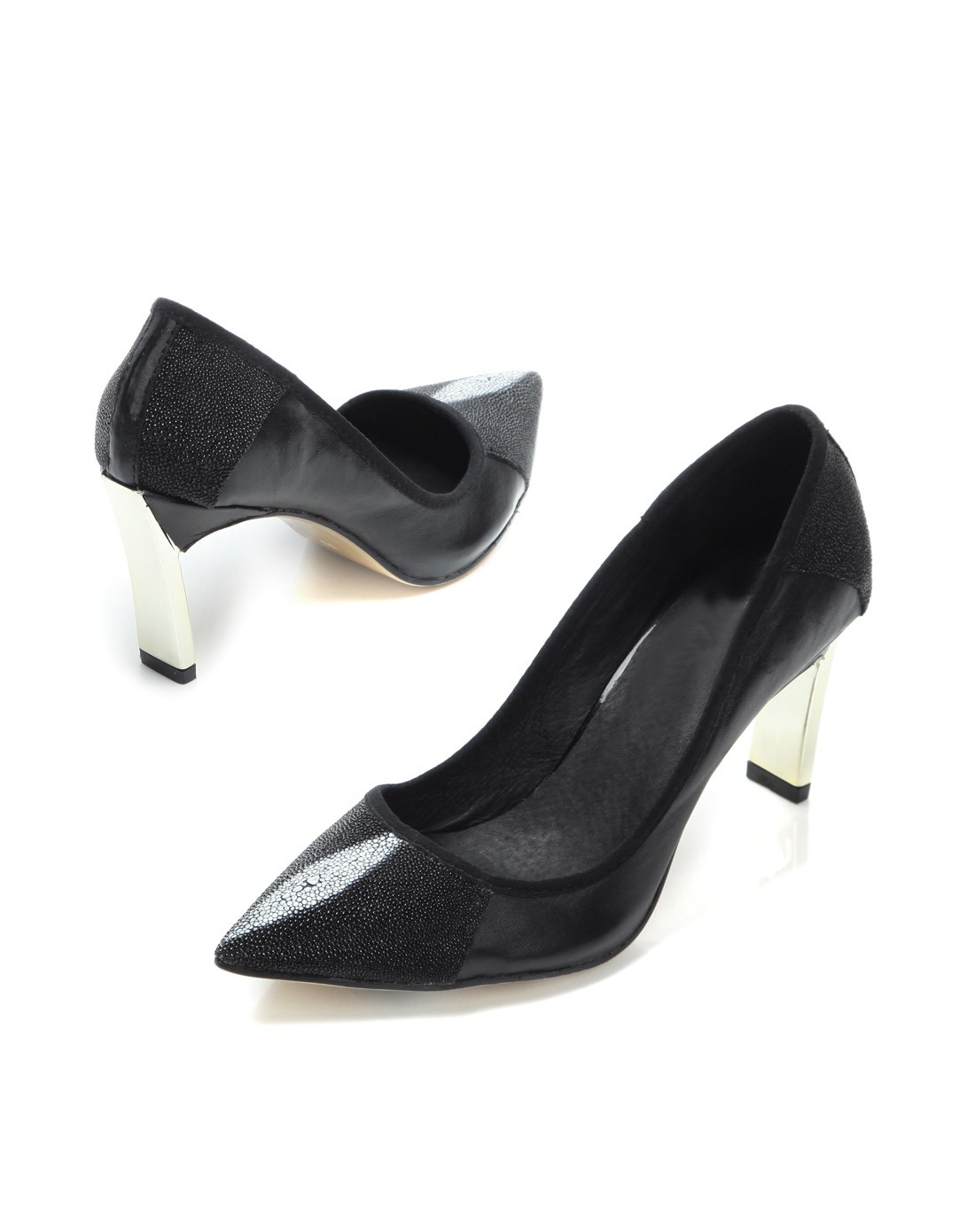 羊皮黑色尖头粗高跟女鞋-唯品会