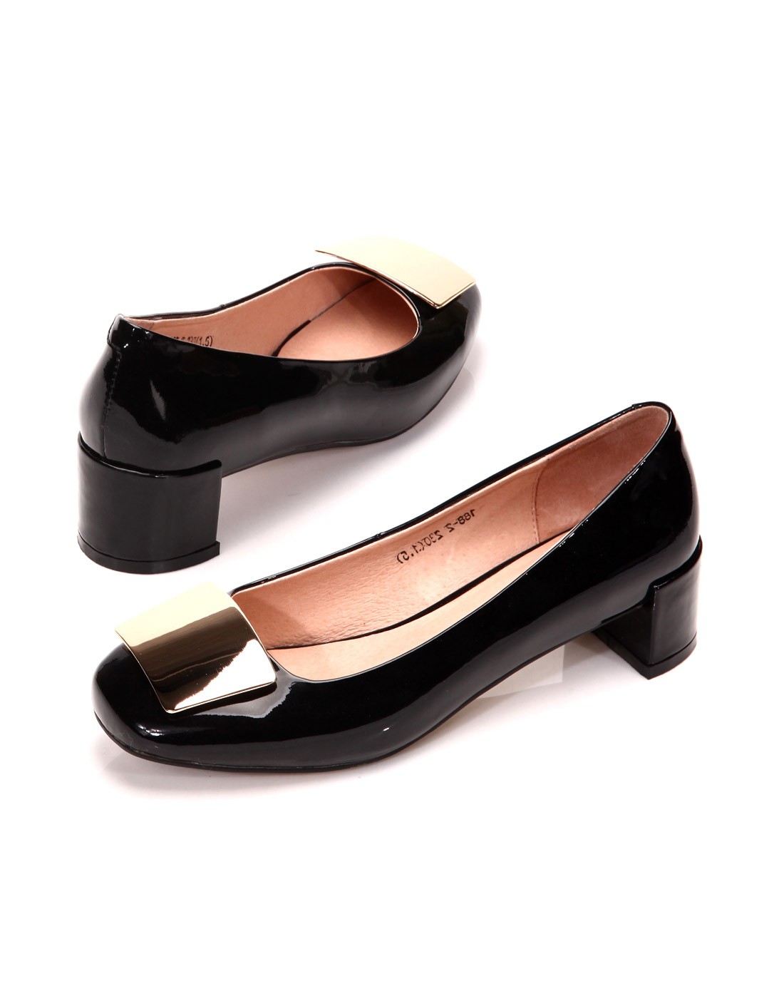 黑色头层牛漆皮中粗跟女鞋
