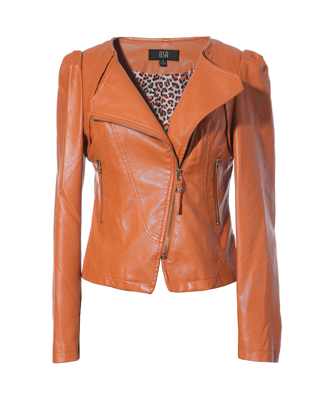 橙色泡泡袖pu皮皮衣