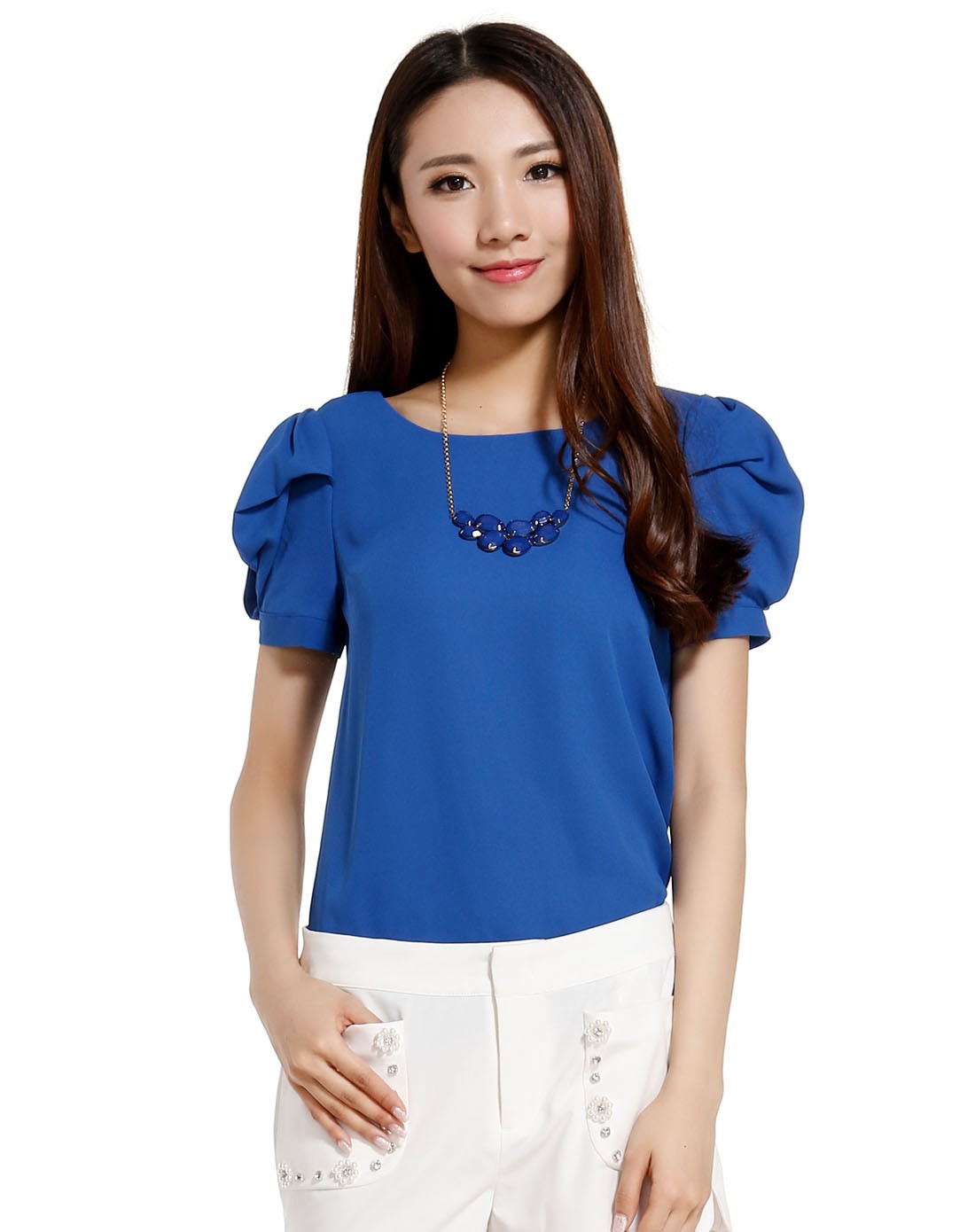 深蓝色甜美圆领短袖上衣
