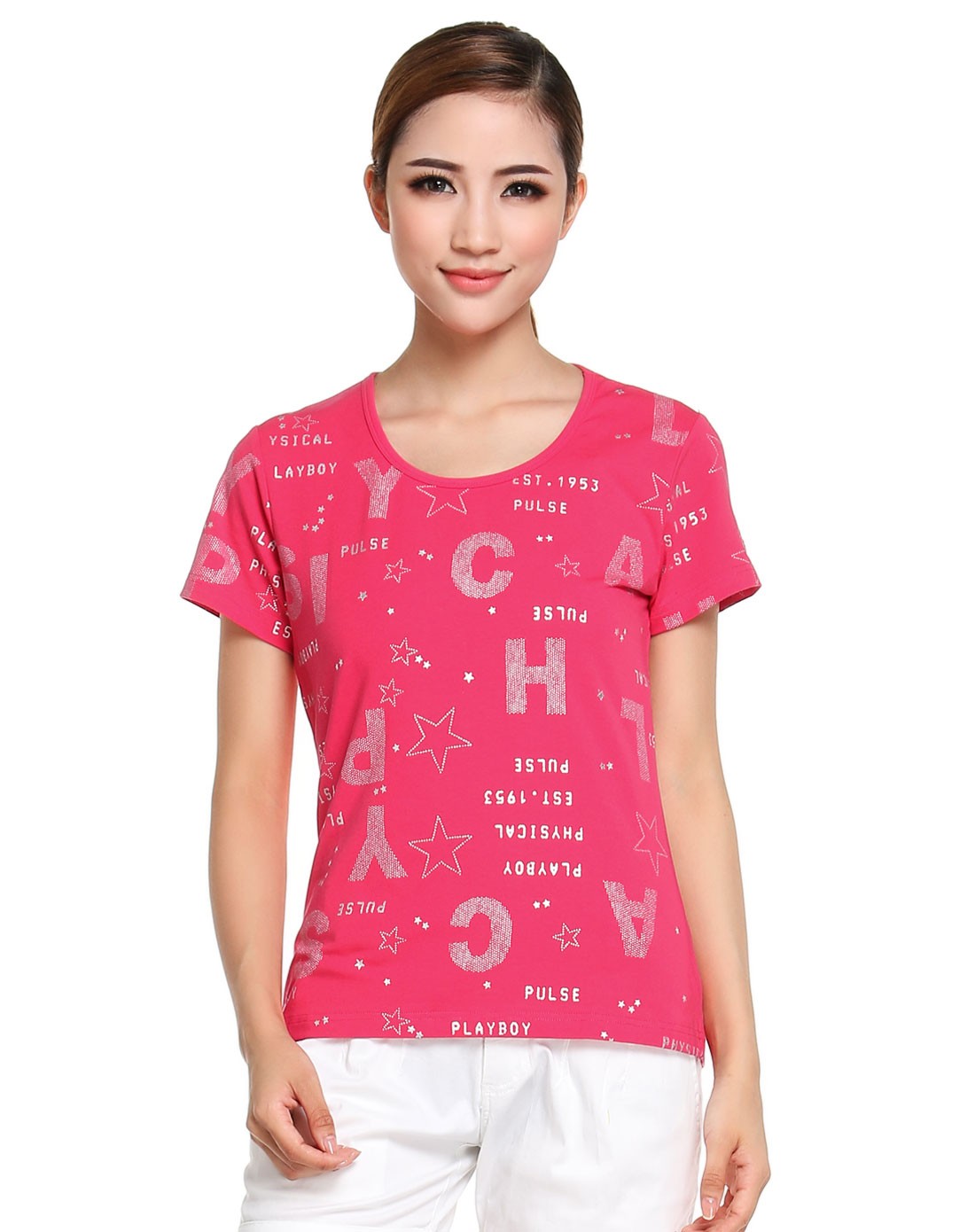 弹力吸汗 女款桃红色圆领短袖t恤 清新百搭