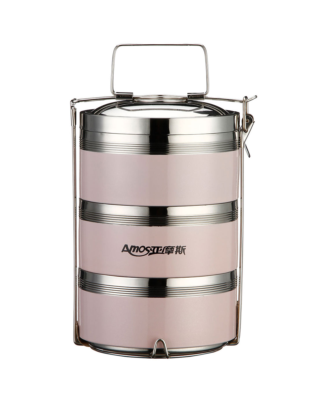 粉红/银色不锈钢保温三层饭盒
