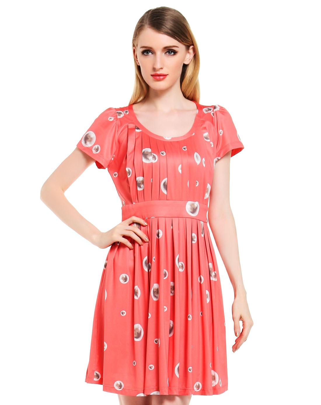 粉红色甜美淑女印花短袖连衣裙