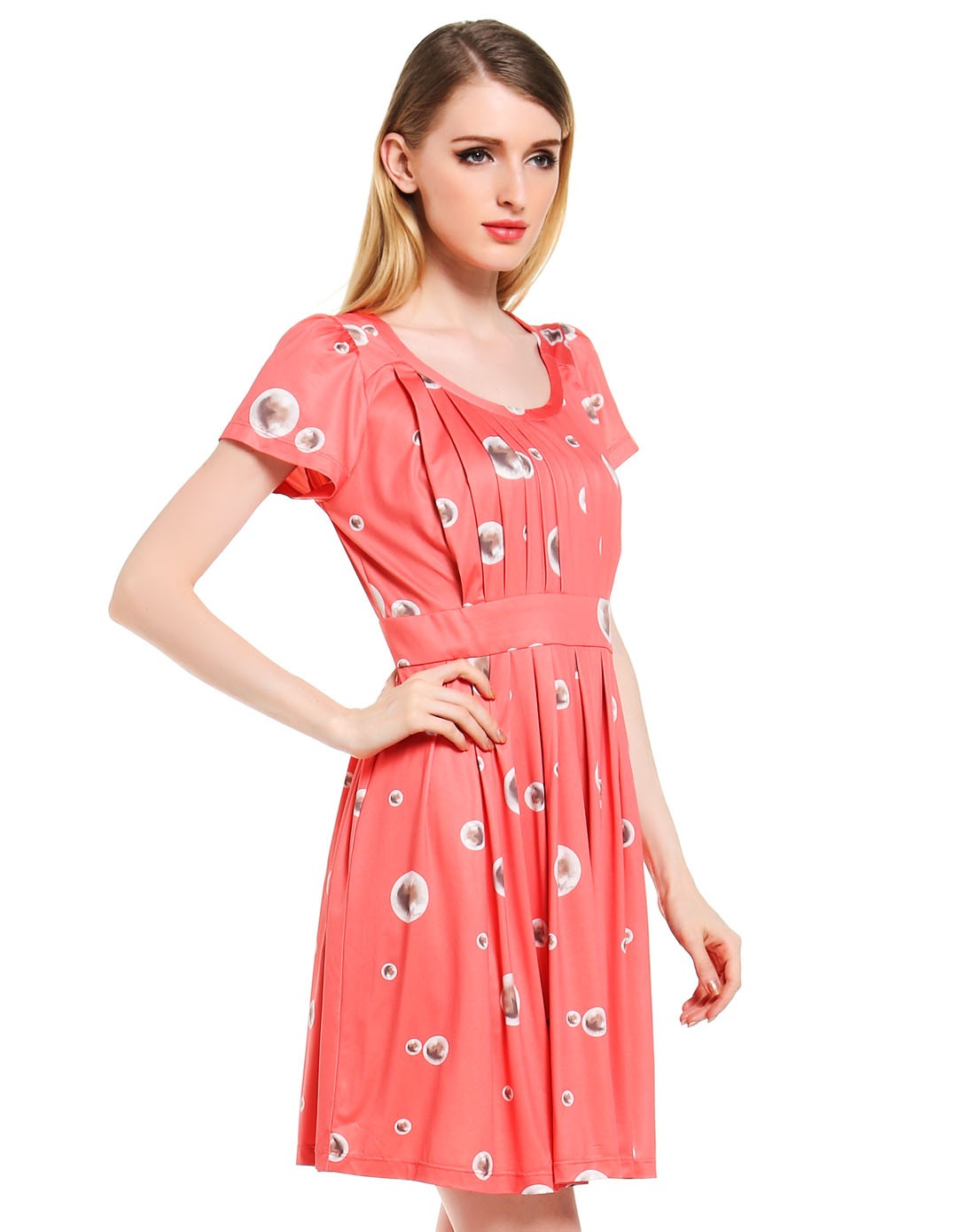 粉红色甜美淑女印花短袖连衣裙