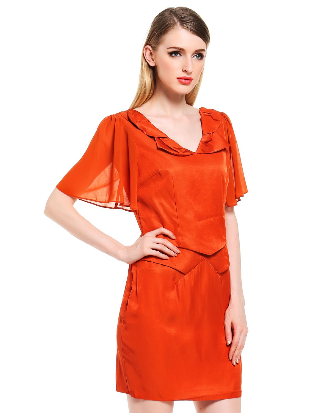 橘色俏丽修身连衣裙