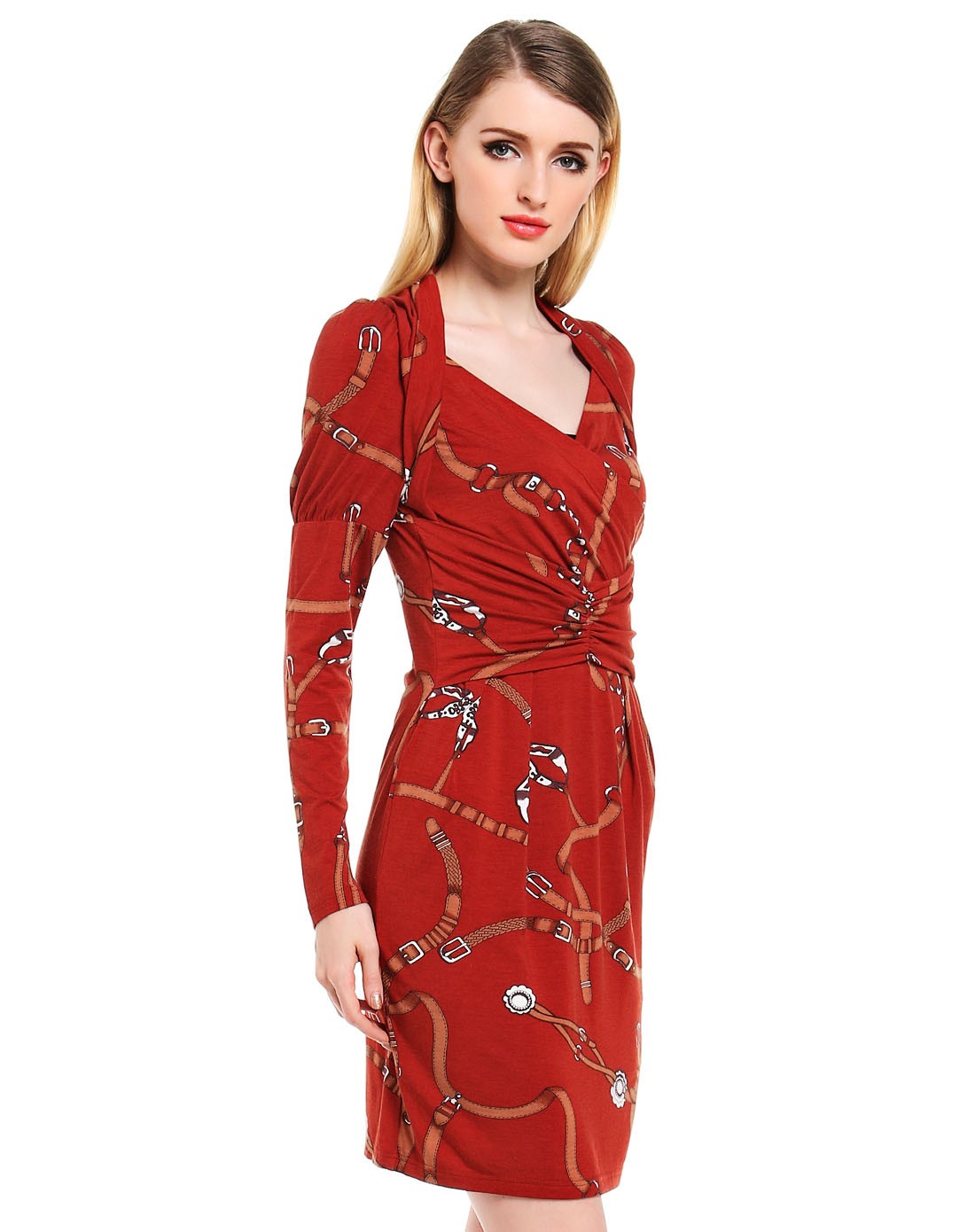 砖红色优雅印花长袖针织连衣裙