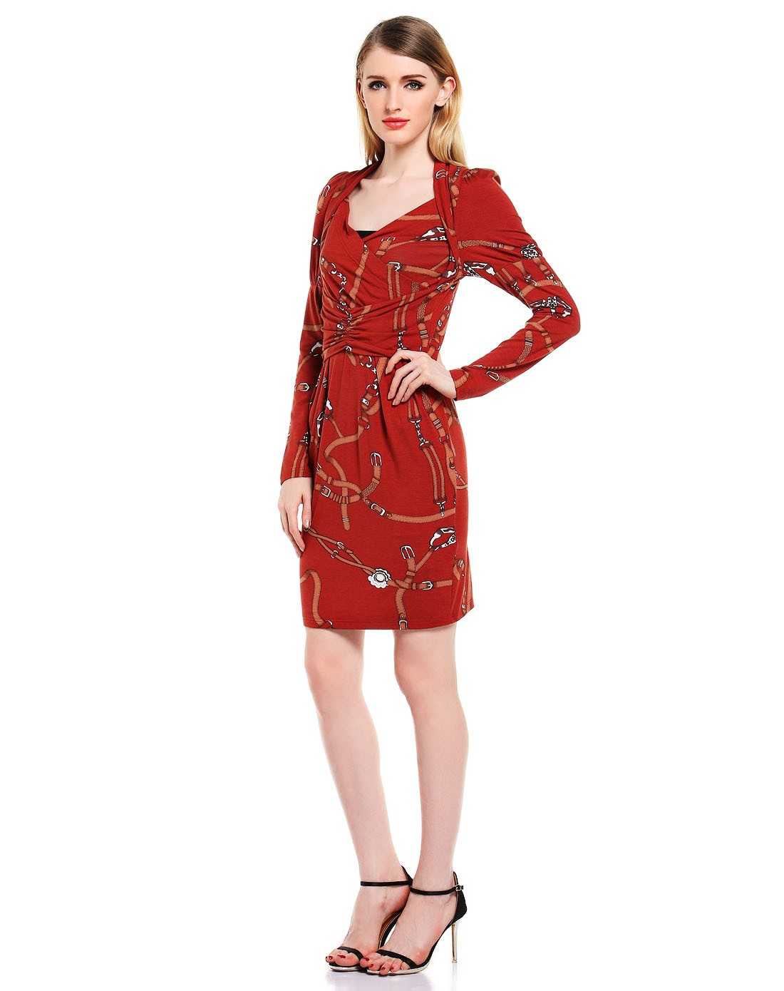 砖红色优雅印花长袖针织连衣裙