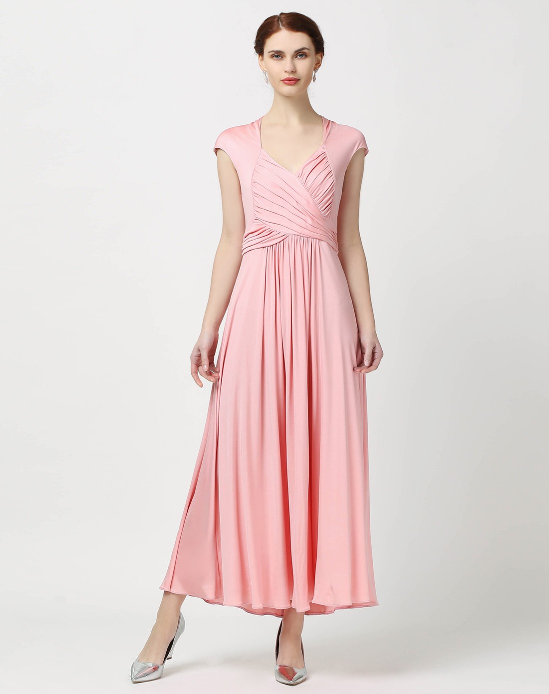 低领雅致素色真丝针织礼服连衣裙