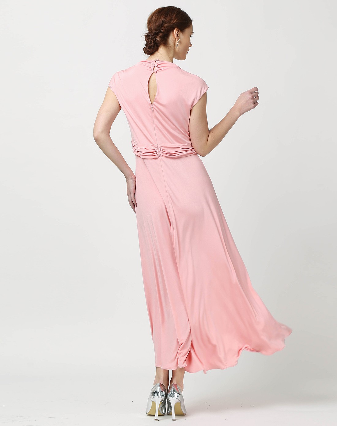 低领雅致素色真丝针织礼服连衣裙